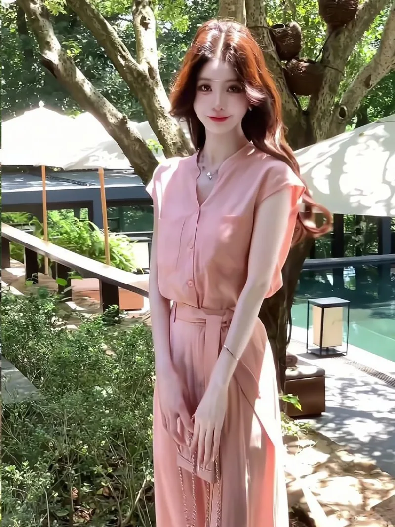 Nuevo conjunto elegante de dos piezas de verano para mujer, moda coreana, camisa de manga corta para oficina, Top + pantalones de pierna ancha de cintura, traje rosa