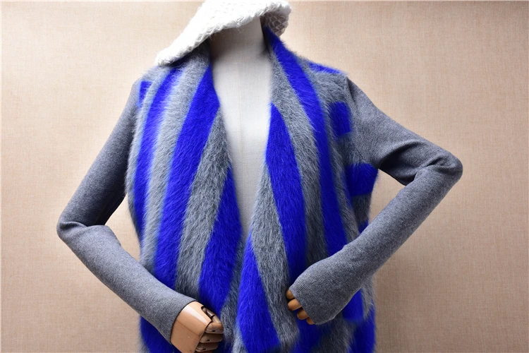 Ladies Women Fall Winter Fashion Blue Striped Mink Cashmere Knitted Long Sleeves Loose Cardigans Mantle Angora Sweater Jacket