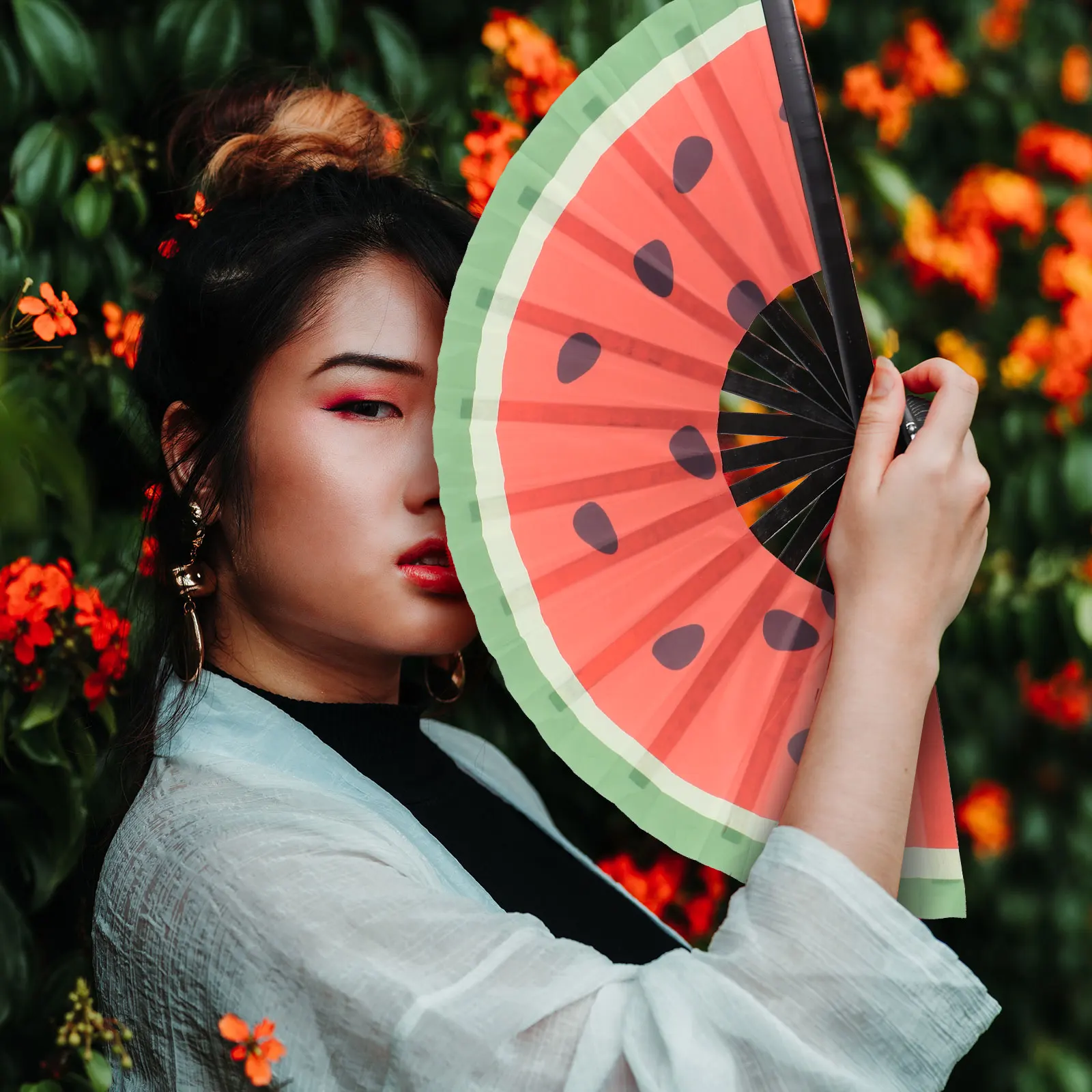 

1pc Japanese Style 24 Black Bone Watermelon Print Hand Fan for Party Gifts Japanese Style Folding Fan Photography Props