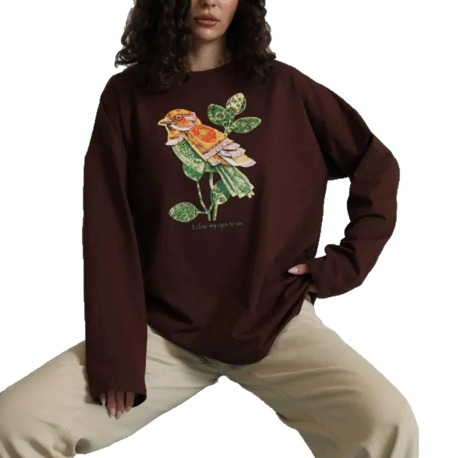 Chic Boho Vintage Collage Art Bird Floral Graphic Oversized Cotton Long Sleeve Tee Women Aesthetic O-Neck Retro Casual T‑Shirt