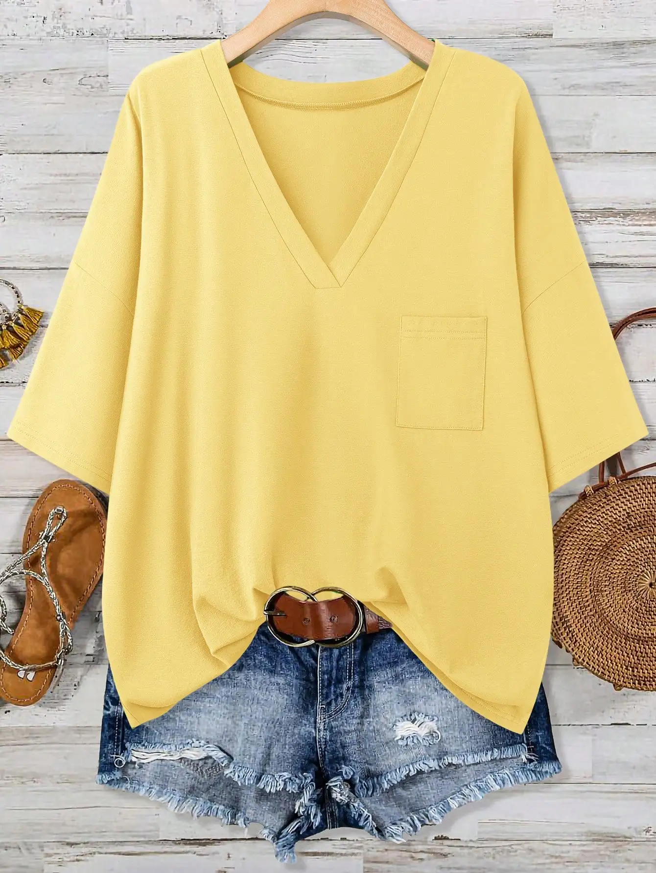 

Women's V-Neck Loose Cotton T-Shirt Summer Short Sleeve Top