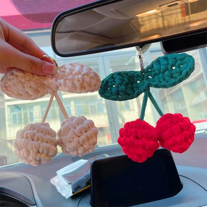 New Handmade Crocheted Cherry Keychain For Women Cute Car Bag Hanging Pendant Key Rings Holders Charm Jewelry Gifts Accessories