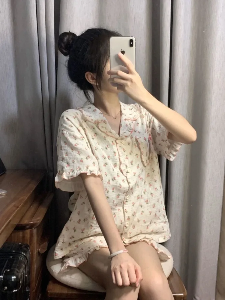 Pajama Sets Women Flowers All-match Vintage Lovely Basics Korean Style New Personality Tender Simple Home Ladies Seductive Ins