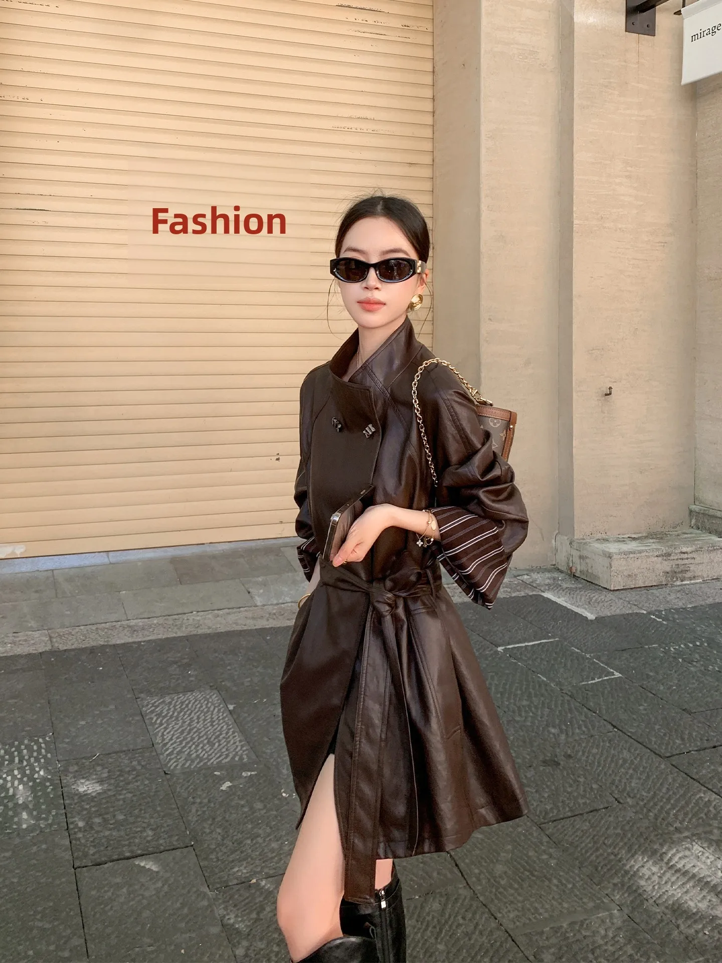 Binguo vintage listra flip-sve gola de couro jaet feminino fino ajuste outono cintura-entretendo casaco corta-vento