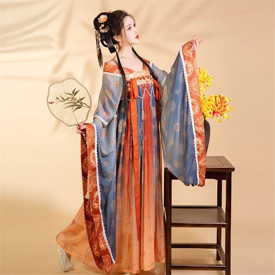 

Chinese Style Hanfu Dress Set Women Traditional Elegant Flower Print Princess Dress Female Vintage Sweet Dance Stage Costumes