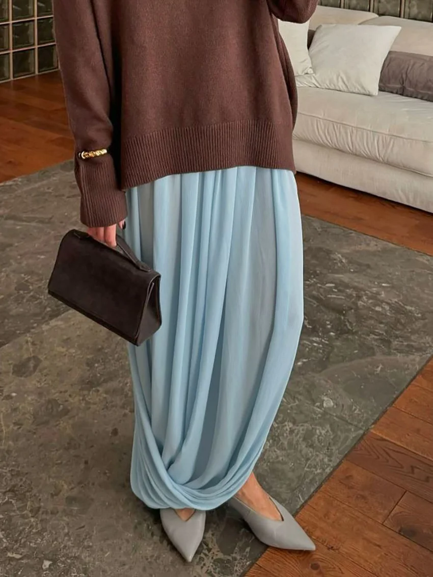 Women's Casual Beach Holiday Long Skirt  Mesh Pleated High Waist Solid Elegant Patchwork Summer Maxi Skirt Female Clothes Daily