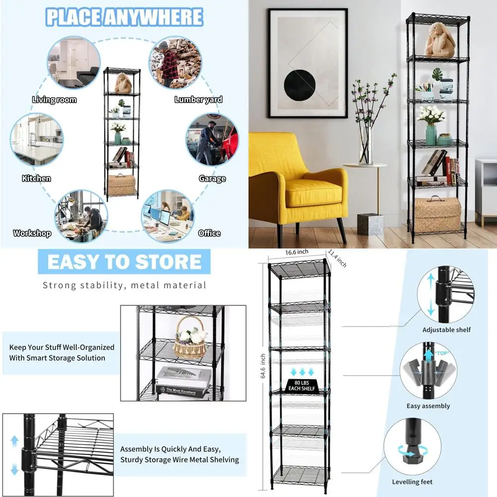 

Металлический стеллаж с 6 регулируемыми полками — черный, 16,6 длины x 11,4 ширины x 64,6 высоты см для организации кухни, прачечной, кладовой и гардероба