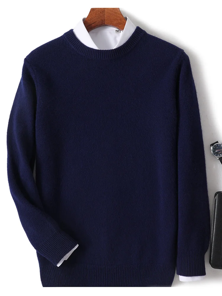 New Autumn Winter Men's O-Neck Pullover Knitted Sweater 100% Merino Wool Thick Solid Business Soft Warm Basic Clothing Tops