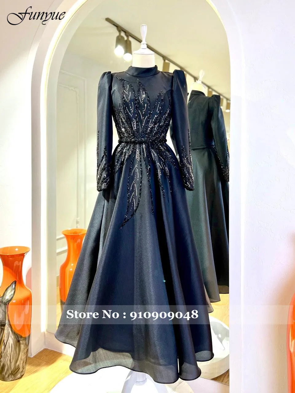 Funyue A-Line Champagne Muslim Prom Dresses Elegant Organza Beading High Neck Dubai Formal Dress Tea Length Evening Gown 2024