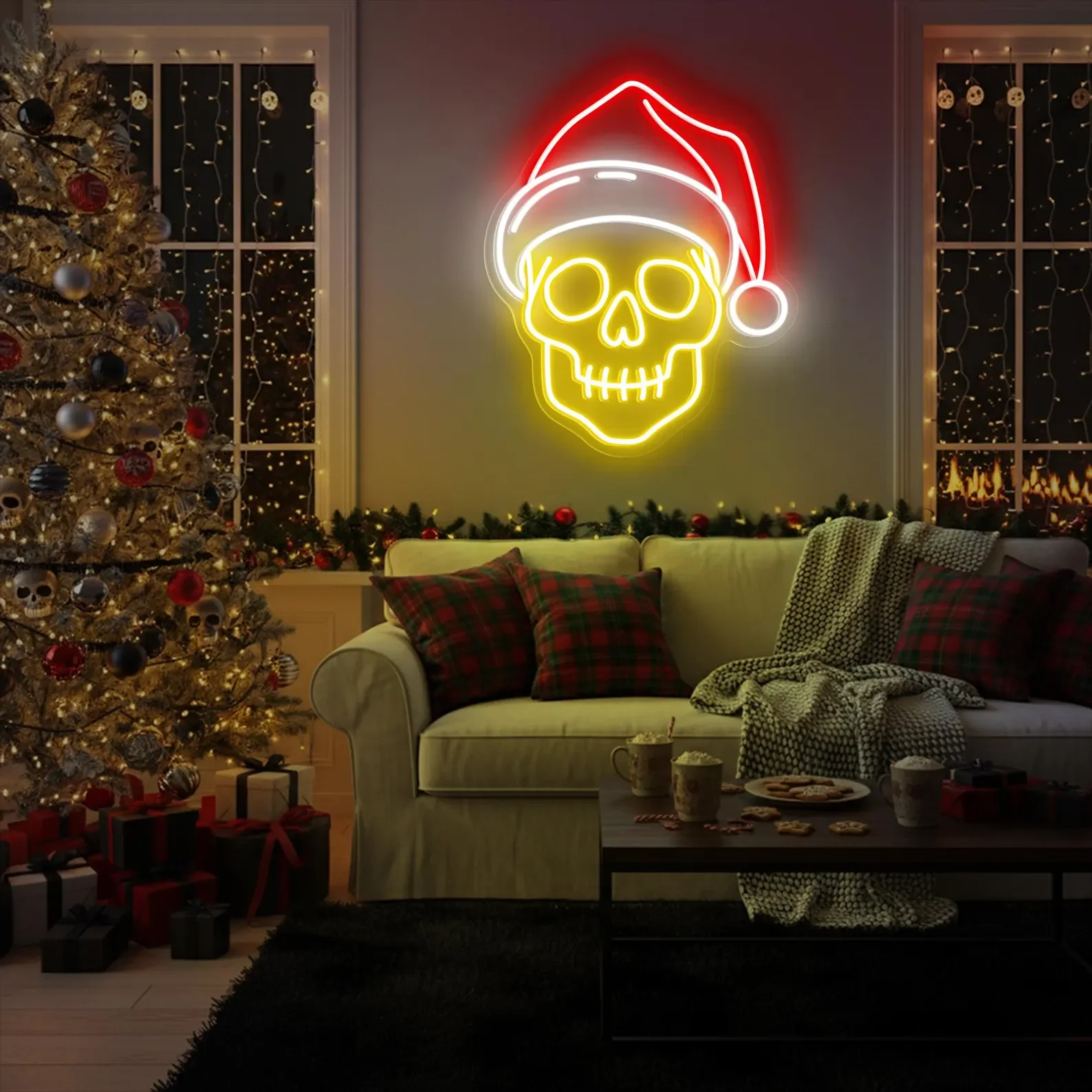 Skull with Santa Hat Neon Sign,Spooky Christmas Wall Light,Gothic Holiday Decor,Creepy Xmas Party Sign,Unique Christmas NeonSign