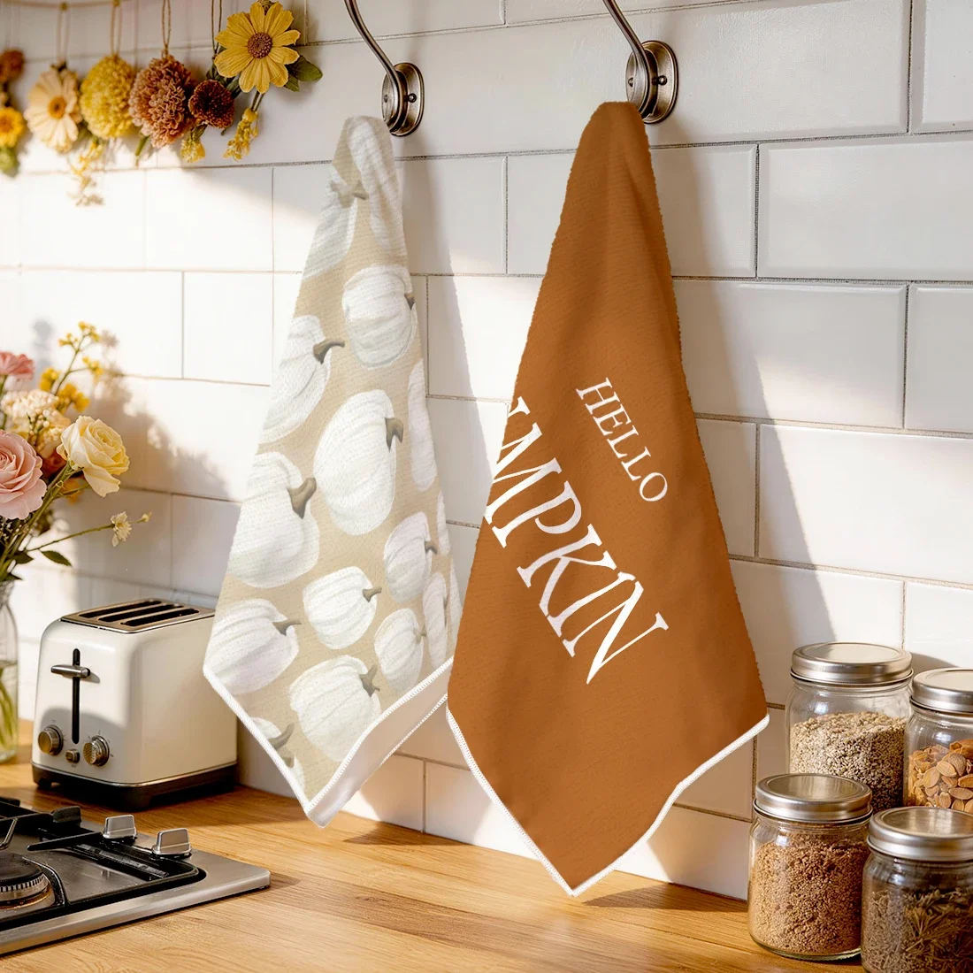 2pcs Set Kitchen Towels Autumn Themed Pumpkin PatternHand Towels Christmas Decorations For Home Noel Dish Towels Gifts