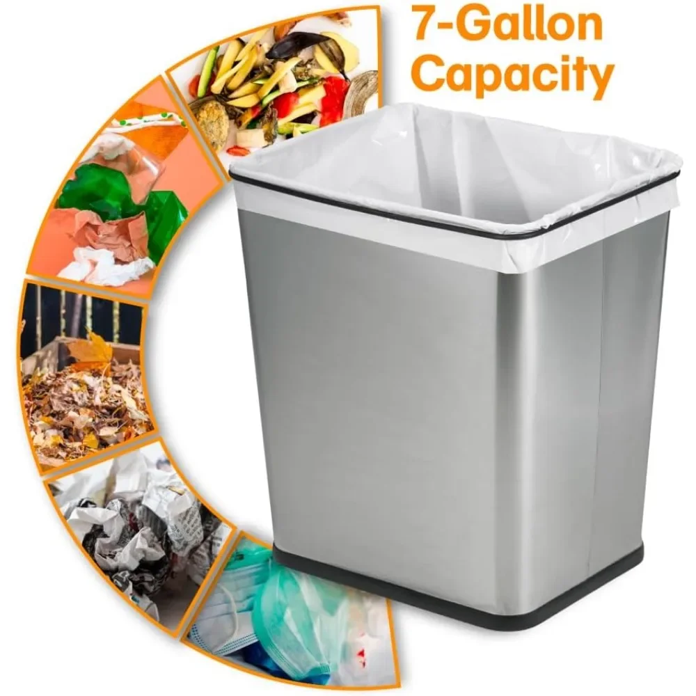 7 Gallon, Undersink, No Skid Rubber Base, Brushed Stainless Finish Trash Can, 13.5” x 11” x 15”