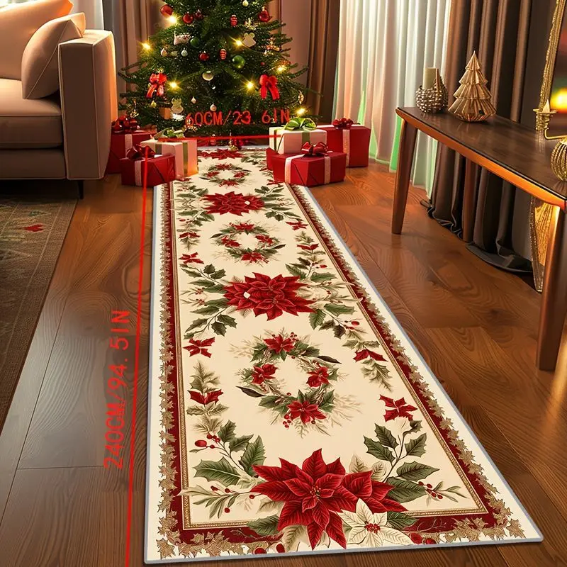 VIKAMA Classic Christmas Floral Border Runner Rug Non‑Slip Long Floor Mat Hallway Entryway Living Room Holiday Home Decoration