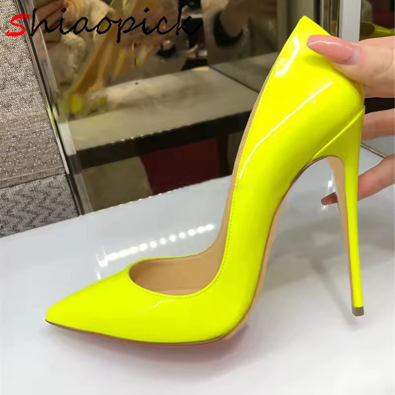 

Classical 12cm Extreme Fluorescent Yellow Thin High Heels Pumps Glossy Patent Stilettos Nightclub Dress Show Pointed toe Shoes