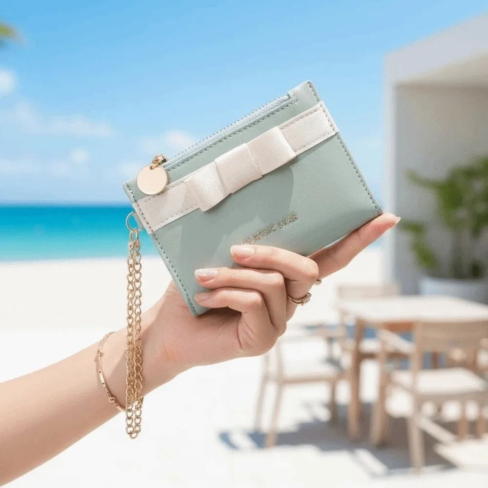 

Portable Candy Color Wallet Bow Small Pouch PVC Short Leather Purse Anti-splash Water Multiple Card Folding Card Bag Students