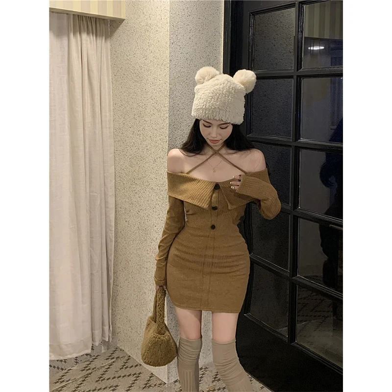 MEXZT Mini abito lavorato a maglia vintage da donna Sexy con spalle scoperte Abiti maglione all'americana Abiti invernali coreani a maniche lunghe aderenti Nuovo