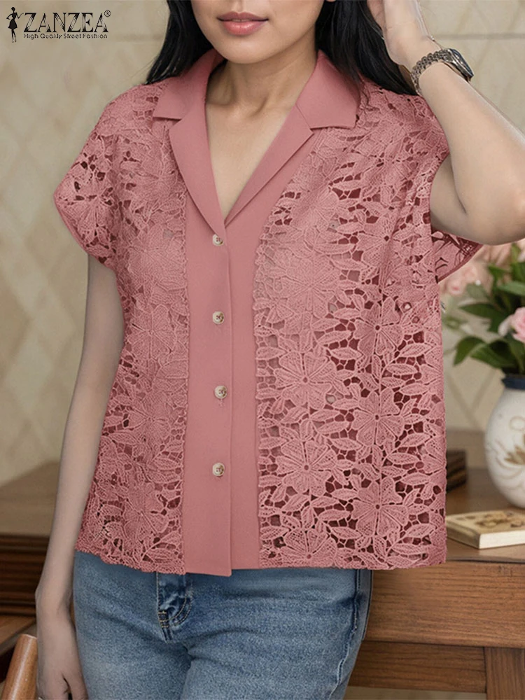 

ZANZEA Short Sleeve Lace Shirts Elegant Office Lady Open Stitch Tops Women Casual Lapel Neck Blusas 2025 Loose Solid Color Tunic