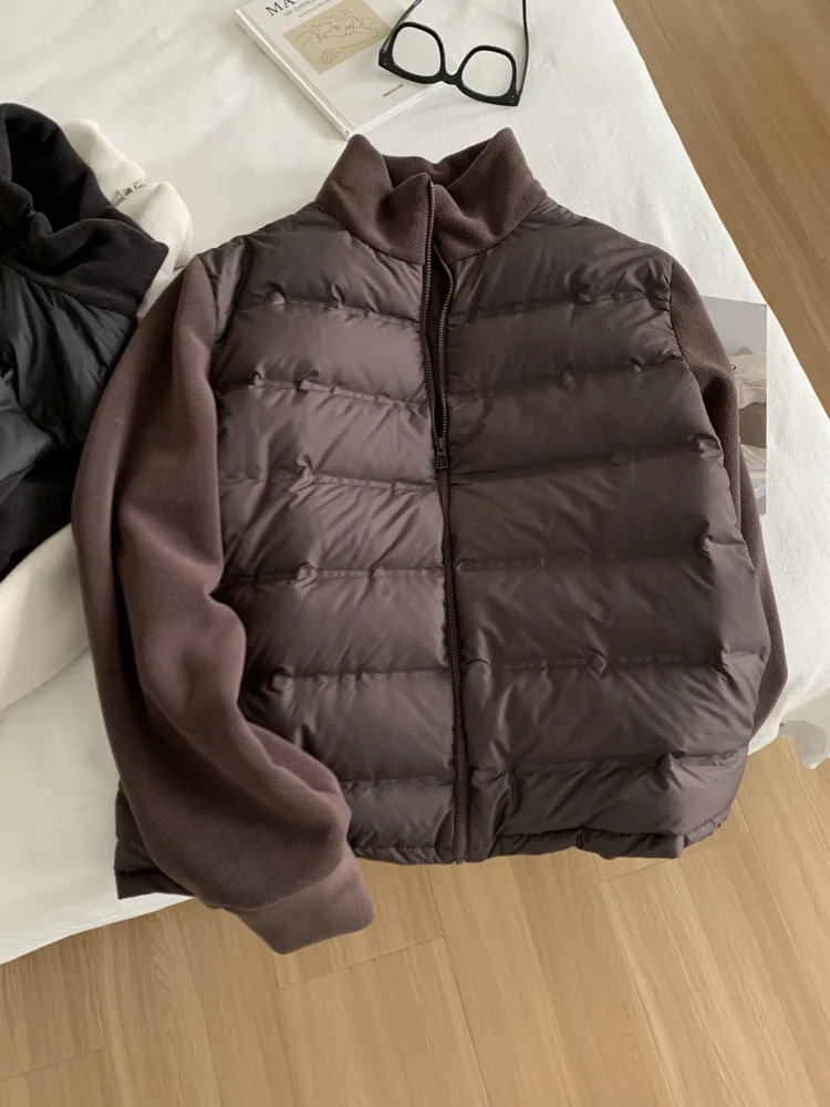 가을 겨울 얇은 플리스 다운 재킷/다운 베스트, 여성용 화이트 덕 다운 스탠드 칼라 캐주얼 지퍼 재킷