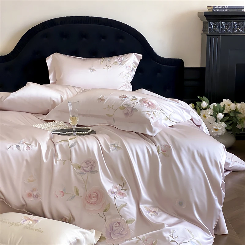 

Pink Flowers Embroidery Luxury Brocade Egyptian Cotton Soft Silky Bedding Set Duvet Cover Flat/Fitted Bed Sheet Pillowcase 4Pcs