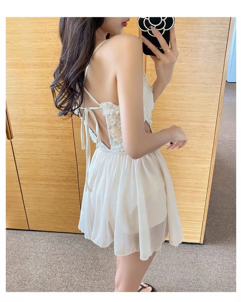 sexy Korean fashion conservative swimsuit one piece lace flower cut out backless tie mini dress culottes bikinis padded swimwear