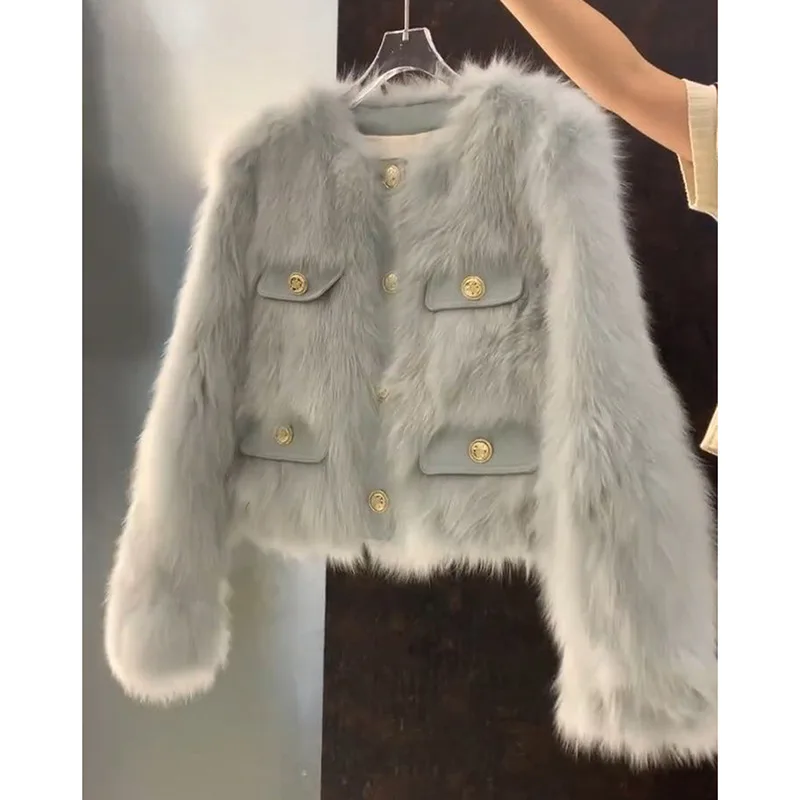 Nepbontjassen Dames Bontjassen Effen Zak V-hals Lange mouw Single Breasted Dik Warm Bont Los Casual 2025, Herfst Winter