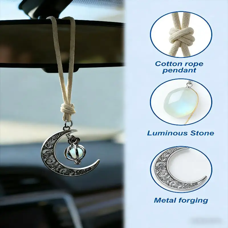Mondanhänger für das Auto – Hohles Halbmond-Design, eingelegt mit leuchtendem Stein, elegante Rückspiegel-Dekoration – Detail 5