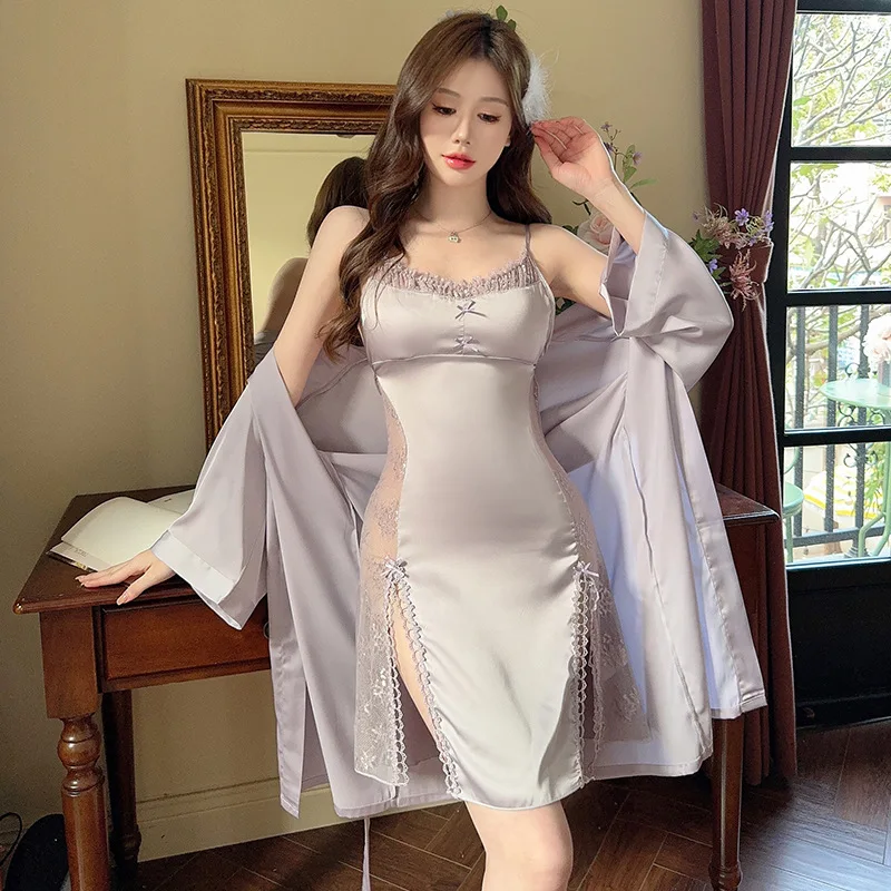 Spring Summer Bathrobe Gown Suit Female Nighty&Robe Set Sleepwear Silky Satin Kimono Sexy Lace Nightgown Lingerie Home Dress