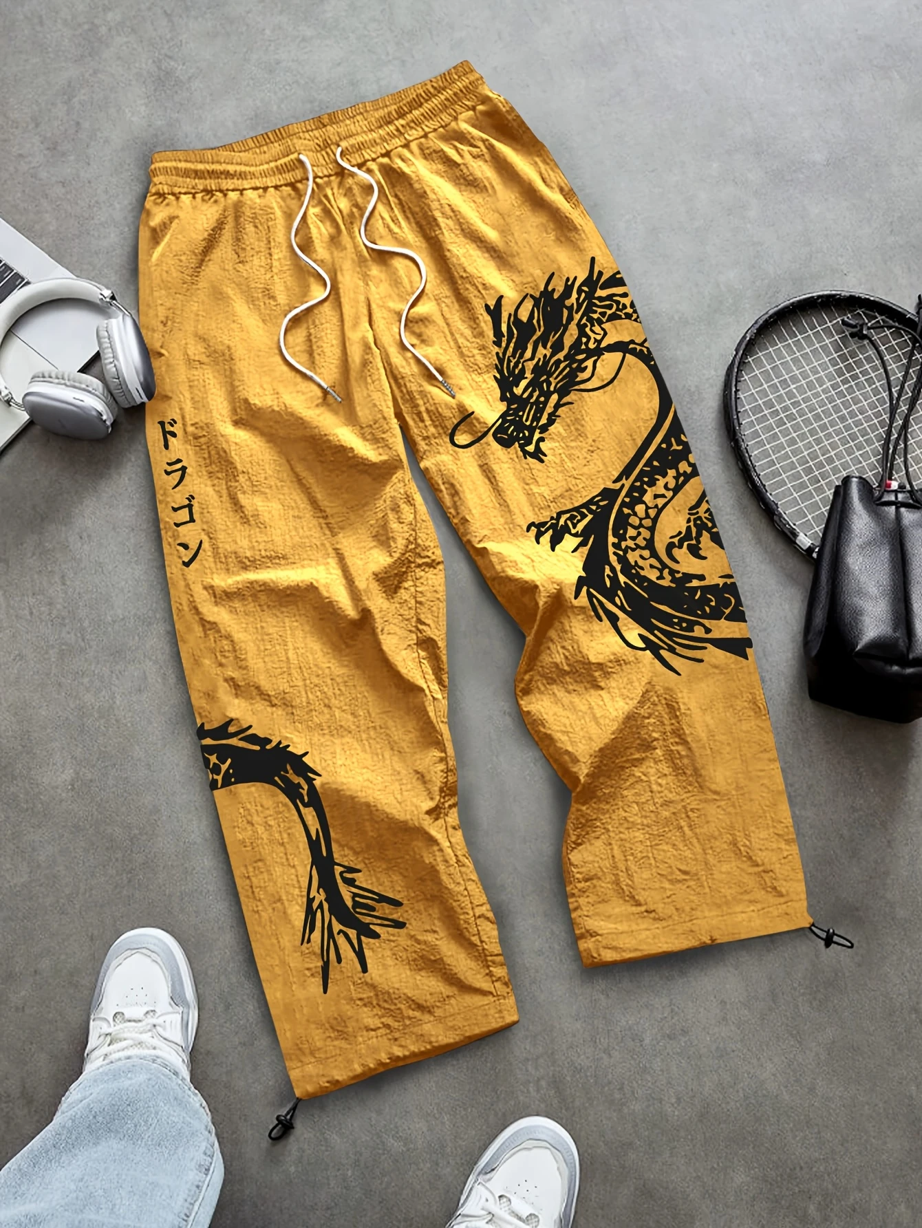2026 New Arrival Men Loose Woven Trousers Drawstring Waist Black Dragon Art Print Vertical Japanese Text Hem Casual Bottoms kids