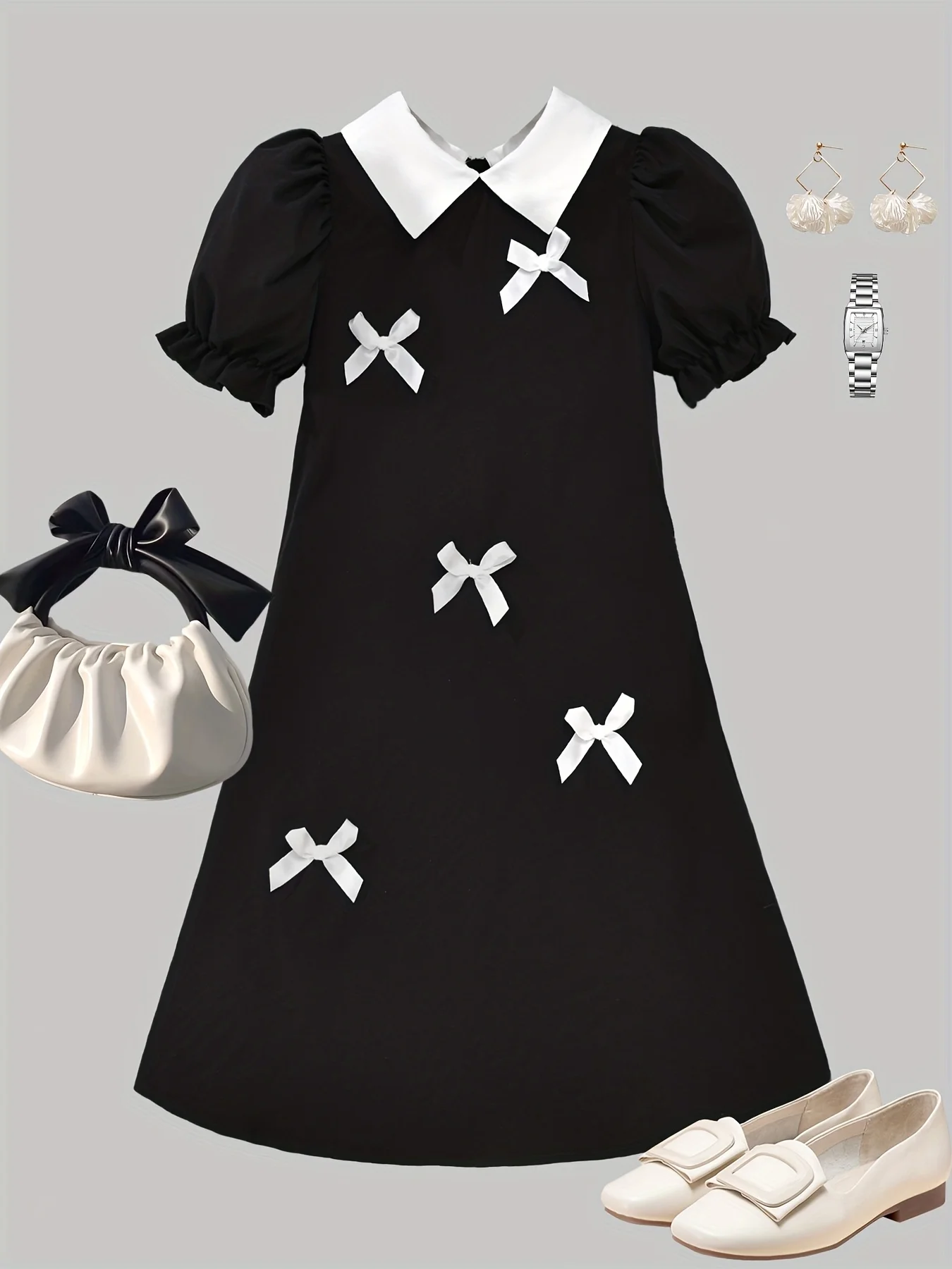 

Детское платье для девочек в стиле принцессы на весну и лето, черное, с пышными короткими рукавами и белым бантом