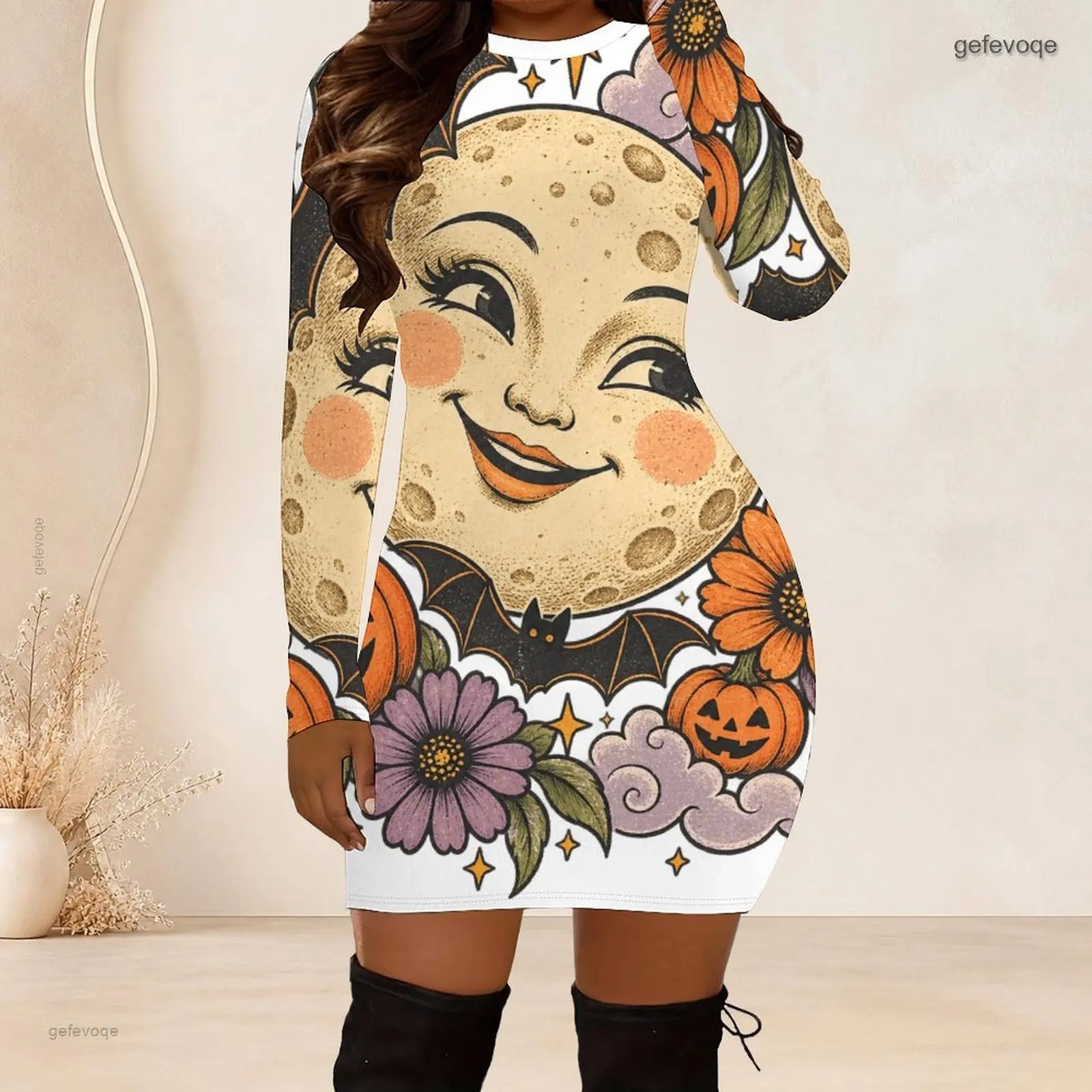 Women Crew Neck Long Sleeve Bodycon Mini Dress Slim Fitted Pencil Short Dress Custom Print Ladies Club Party Dresses