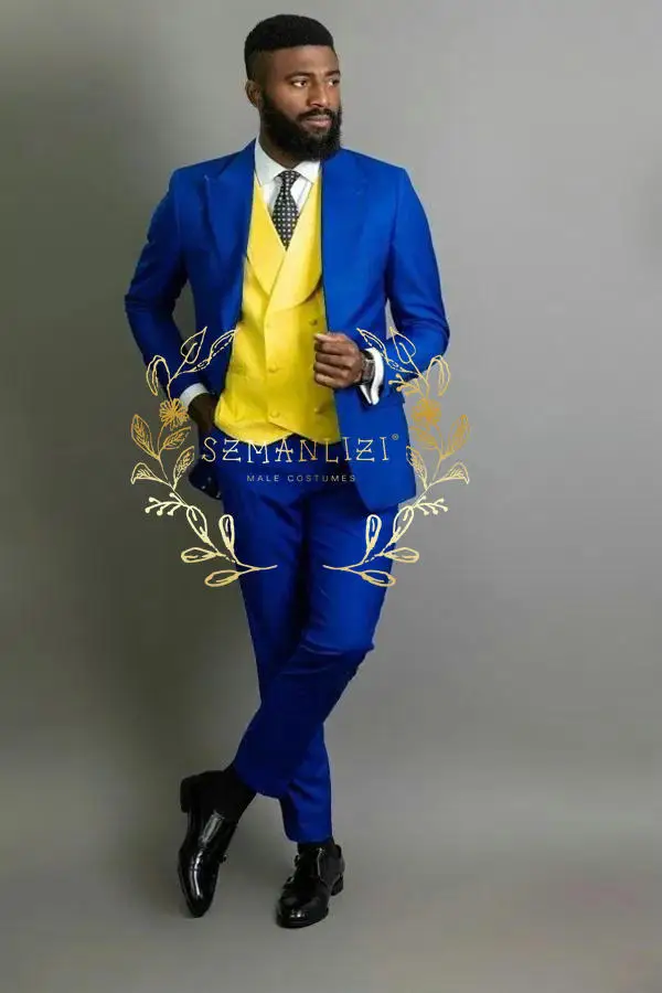 

3 Pieces Men Suits For Wedding Dress 2024 Yellow Vest Classic Royal Blue Blazer Business Prom Suits Groomsmen Groom Mens Tuxedo