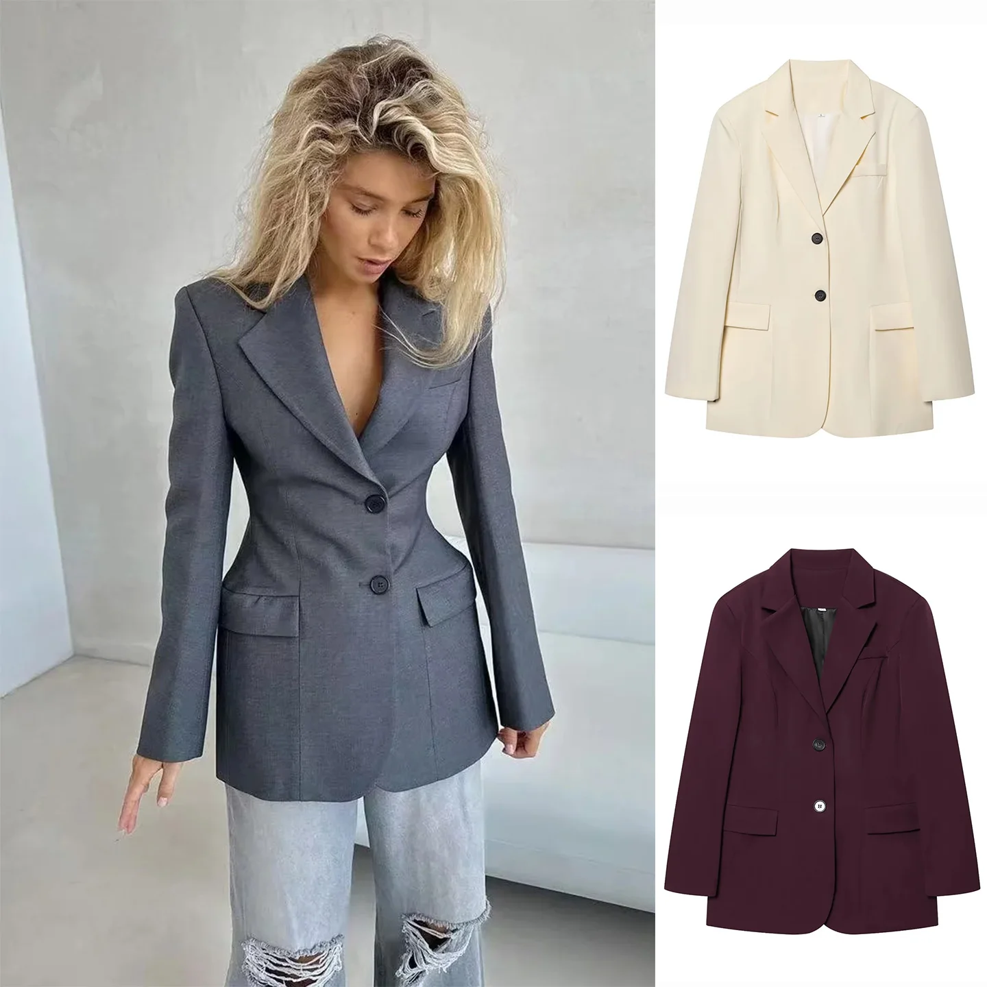 Spring New Arrival Women's Slim Fit Pure Color Long Sve Notch Collar Two Button Suit Jaet Commute Sle Polyester Fiber