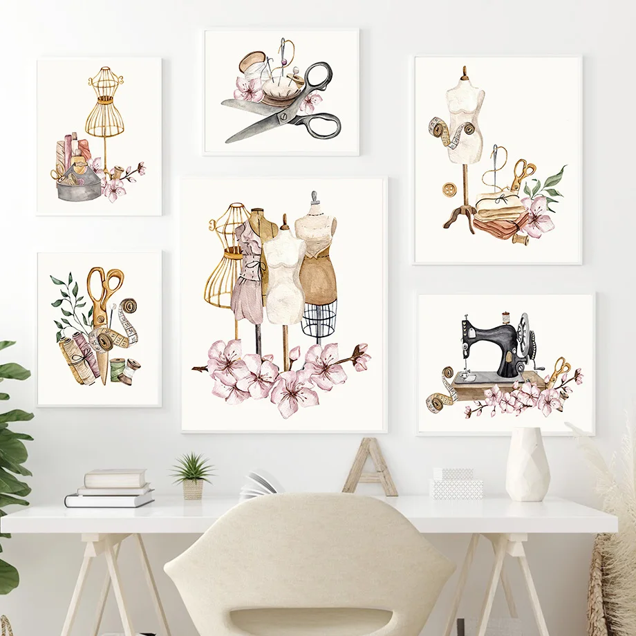 Vintage Dress Sewing Machine Flower Wall Art Canvas Painting Nordic Posters and Prints Fashion Pictures for Living Room Decor