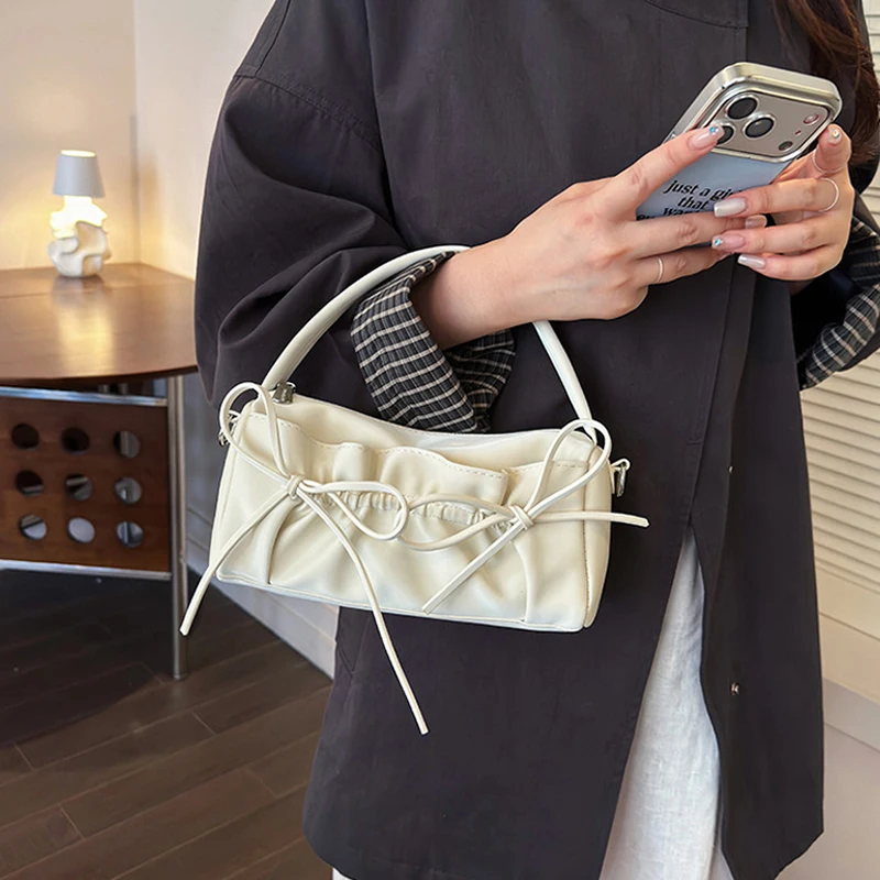 Schicke Umhängetasche mit Schleife und plissiertem Kordelzug, zylindrische Handtasche, Damen-Kissentasche mit abnehmbarem Riemen, Reißverschluss oben – Detail 16