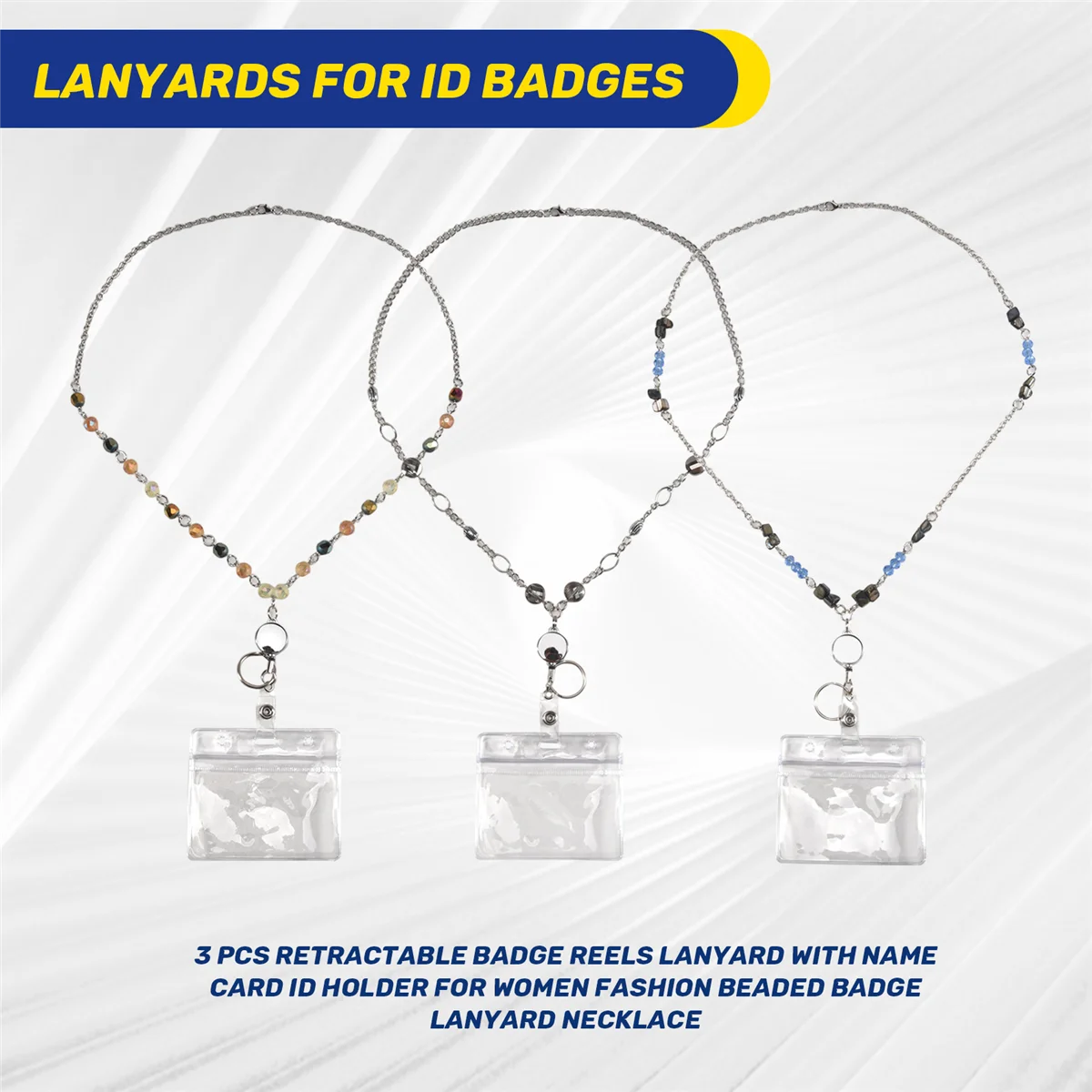 B-T 3 Pcs Retractable Badge Reels Lanyard with Name Card ID Holder for Beaded Badge Lanyard Necklace