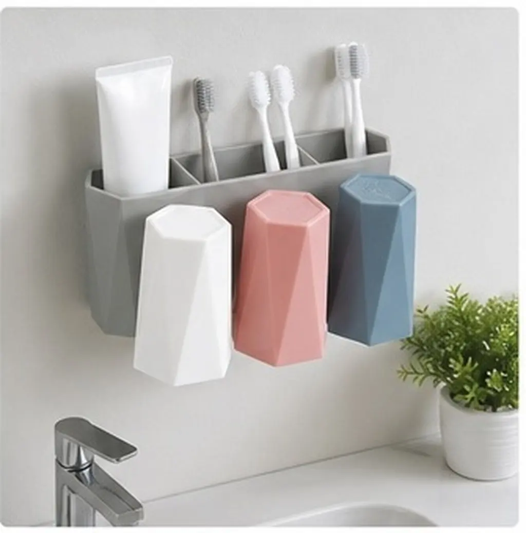 1Set Wall Mount Toothbrush Holder PP Material 3 Removable Cups Toothpaste Storage Bathroom Rack Mug and Toothpaste Holder