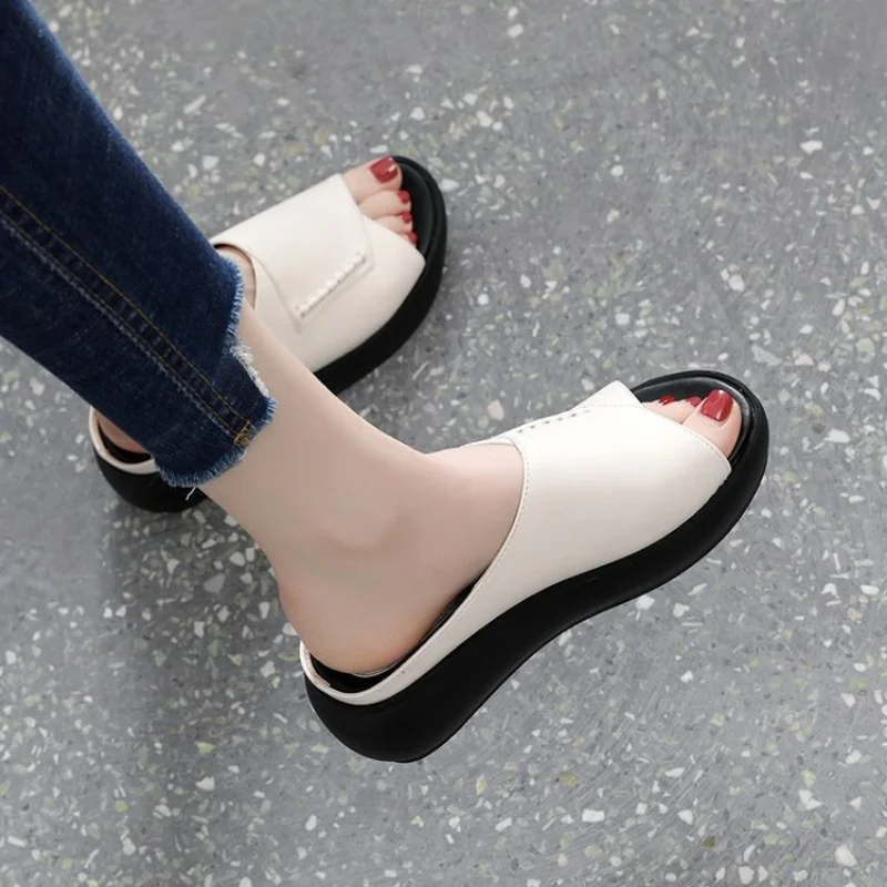 Women Summer Fashion Wedge Platform Slippers Female PU Outdoor Vintage Anti-slip Leather Casual Female Platform Zapatos De Mujer