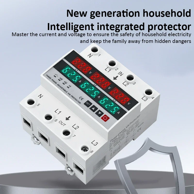 3Phase Din Rail adjustable Over Under Voltage Protector 63A/100A Current Protection Digital Voltmeter Ammeter Power Erengy Meter