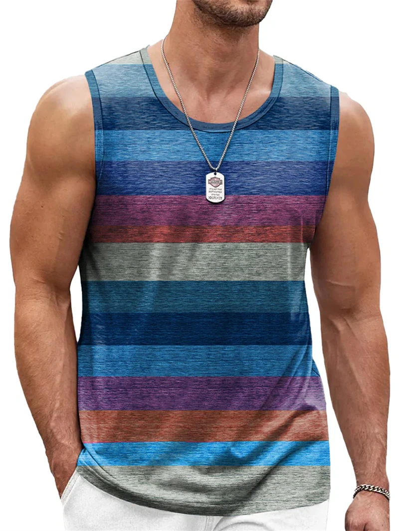 Retro Striped Graphic Tank Tops For Men Fashion Casual Summer Sleeveless 3D Printed Vest Loose Crew Neck Quick Dry Sports Tees image 2
