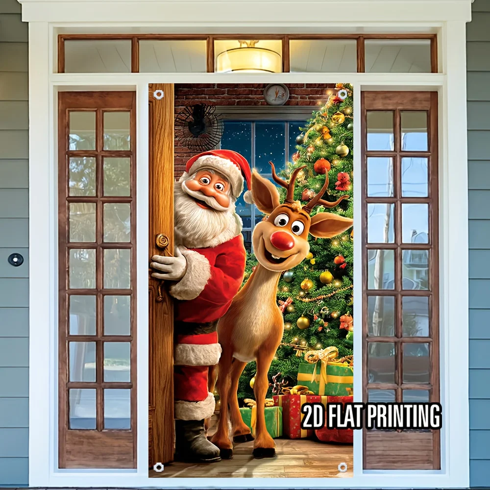 2D-Türbanner 2D flach, 1 Stück Weihnachtsmann und Rentier Weihnachtstürbanner – 2D flach bedruckte Feiertagsdekoration, Polyester