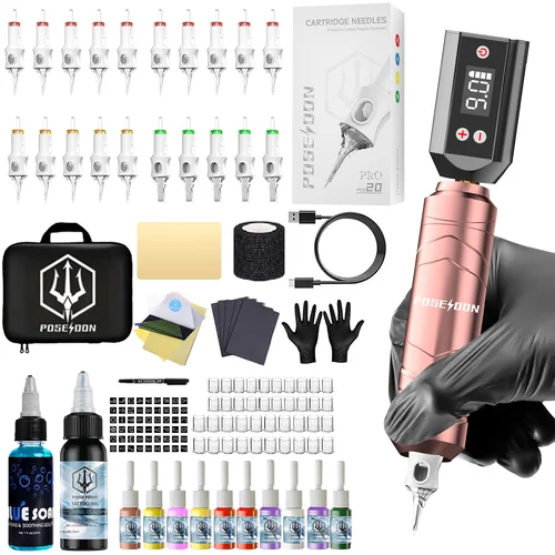 Kit de tatuaje POSEIDON V6, nuevo Kit de pluma de tatuaje rosa para maquillaje permanente, Kit de máquina de tatuaje, fuente de alimentación inalámbrica para tatuaje, Kit de tatuaje