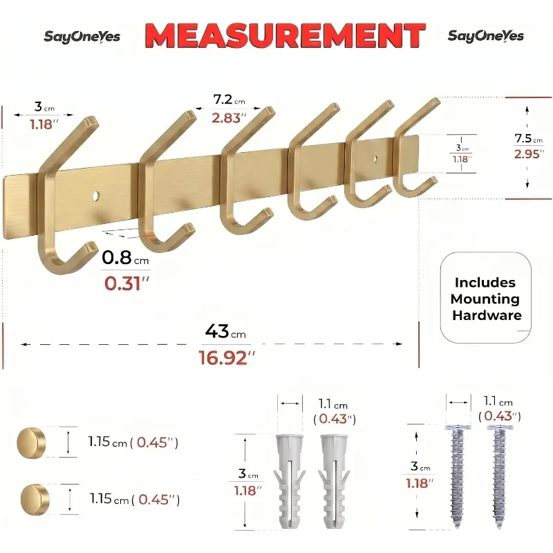 Brushed Gold Wall-mounted Coat Rack with 6 Double Hooks, 17-inch 304 Stainless Steel Hooks for Hanging Clothes, Bags, and Towels