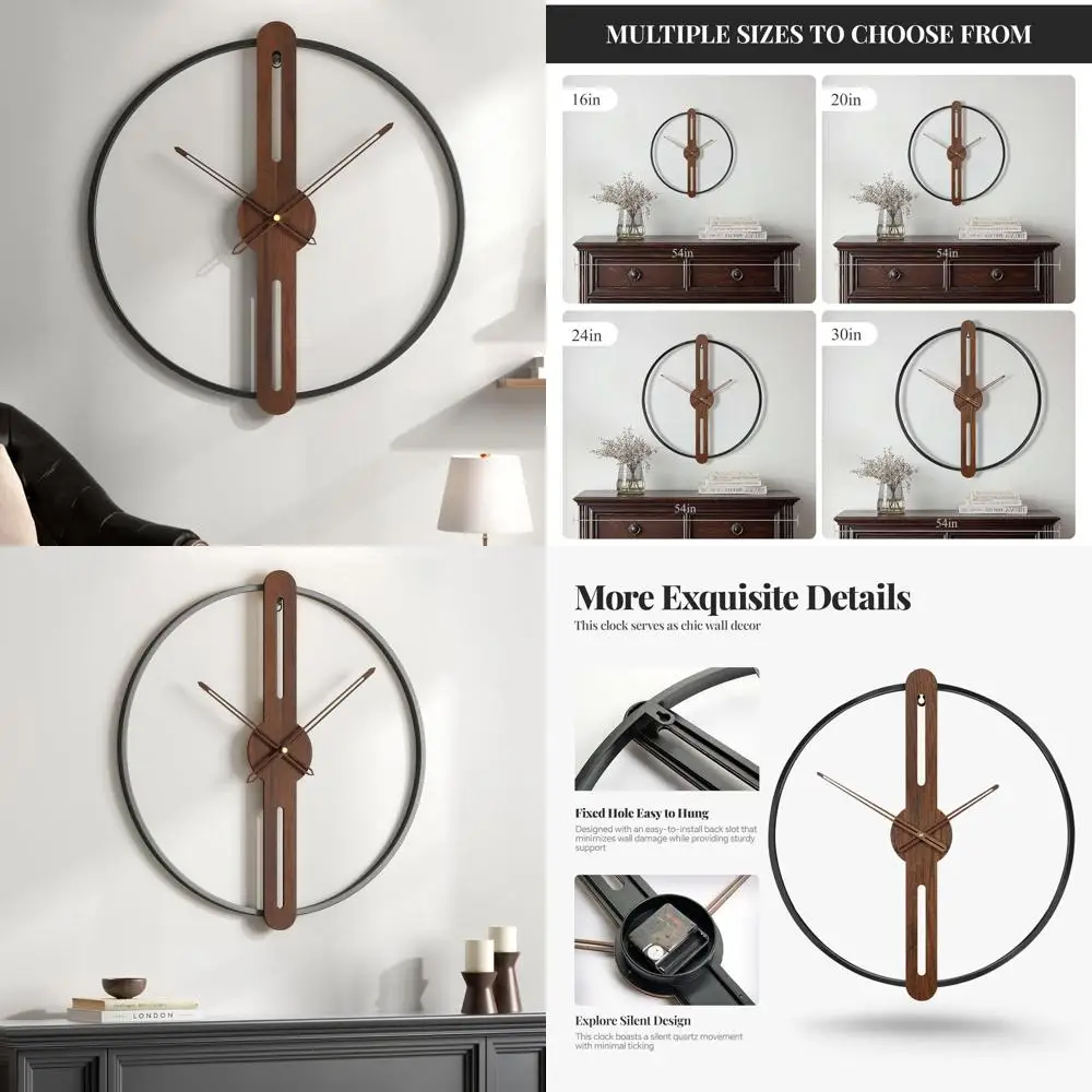 

20 Inch Wall Clock Battery Operated for Living Room Decor, Modern Minimalist Wood Wall Clock Silent Non Ticking Metal Frame Deco