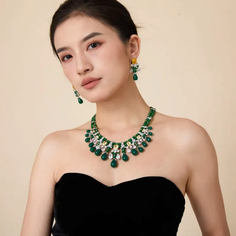 Designer Style Choker Necklace Earrings Women Lady Inlay Cubic Zircon Water Drop Green Beads Tassels Pendant Jewelry Sets