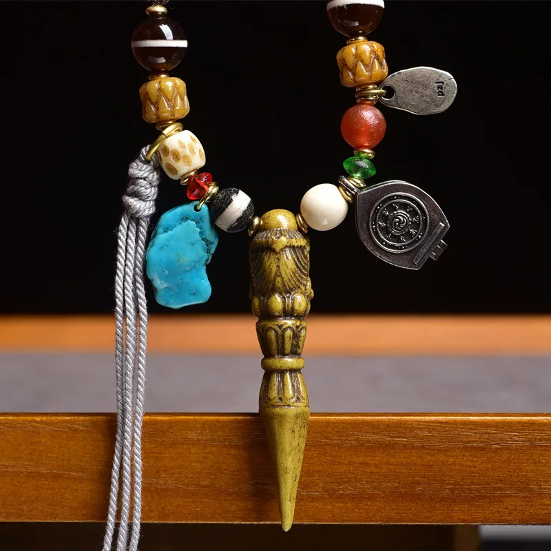 Backflow Mahakala Vajra Pendant Sweater Chain Agate Ancestor Yak Bone A Dai Braided Rope Necklace