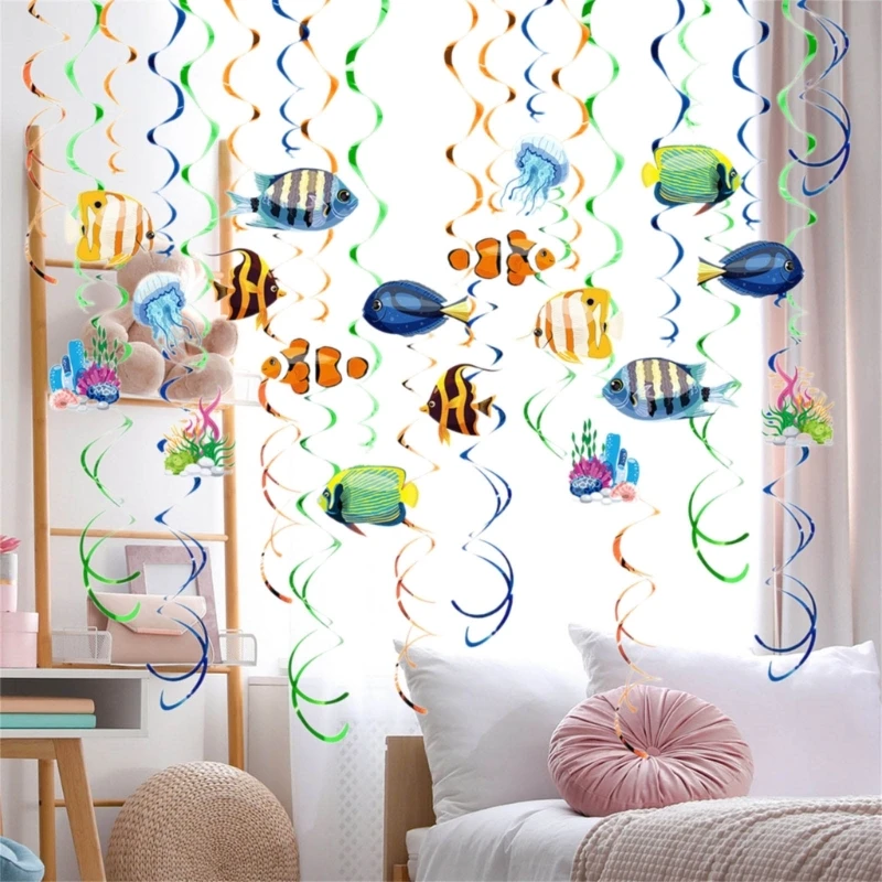 Double Sided Card Hangings Undersea Party Decors Undersea Animal Decors Set for Any Occasion Fishing Hangings Swirls