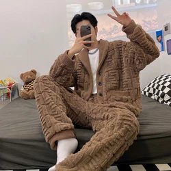 Newest Men's Winter Thicken Warm Flannel Pajamas Sets Male Long Sleeve Plus Size Pajamas Sleepwear Homewear Casual