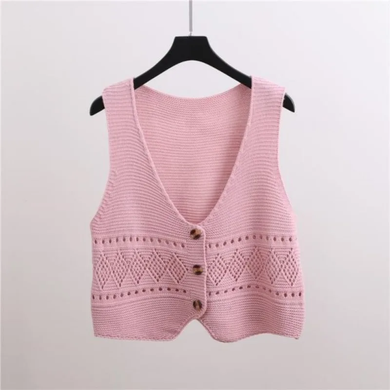 Spring Summer Solid Color Button Up Cardigan Sleeveless Women\'s Clothing Hook Flower Hollow Hook Flower Hollow V-Neck Coats Tops