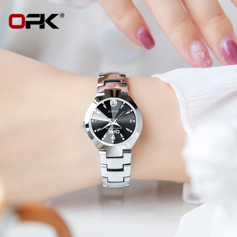 OPK Ladies\' Watches Elegant Original Solid Stainless steel Rhombus Mirror Waterproof Luminous Quartz Watch for Women Reloj Mujer