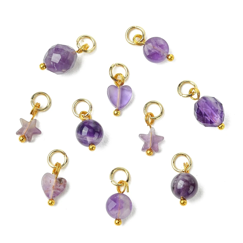 25pcs Wholesale Mixed Shape Natural Amethyst Charms Star Heart Round Faceted Bead Pendants Purple for DIY Earring Jewelry Making